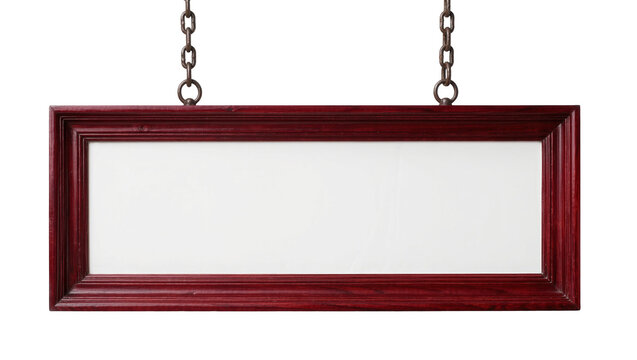 Rectangular wooden sign with dark red frame hanging from metal chains, isolated on transparent background