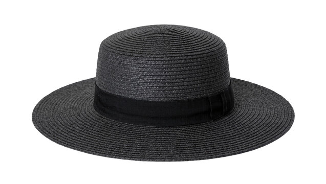 Black straw boater hat with black ribbon band, isolated on transparent background