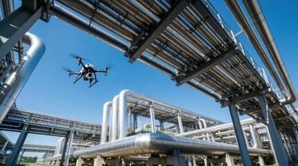 Naklejka premium Drone flies near industrial pipeline network against clear blue sky. Modern tech inspects energy infrastructure for maintenance and surveillance.