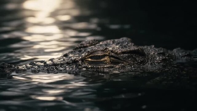 Close-up of a crocodile eyes and snout emerging above the water surface, predator watching its surroundings in a wild river