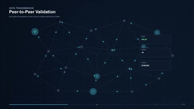 Blockchain network infrastructure animation with digital data nodes