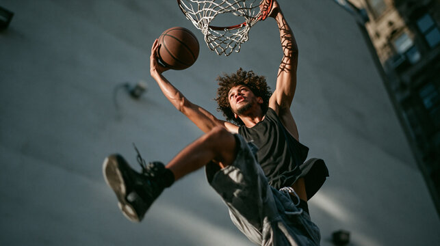 Young Man Performing Slam Dunk on Outdoor Basketball Court