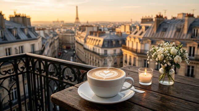 Tranquil urban breakfast moment with coffee on a Parisian balcony during a beautiful sunrise.