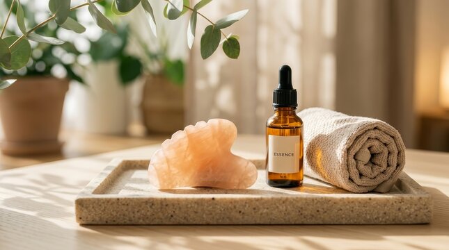 Wellness and well being concept with a gua sha stone, essential oil, and towel on a stone tray.