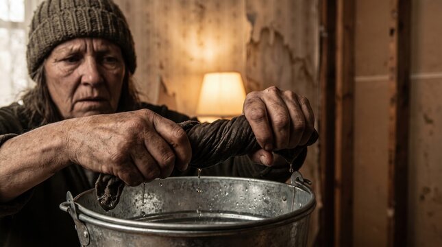 an elderly woman wringing out a wet cloth into a metal bucket inside house.