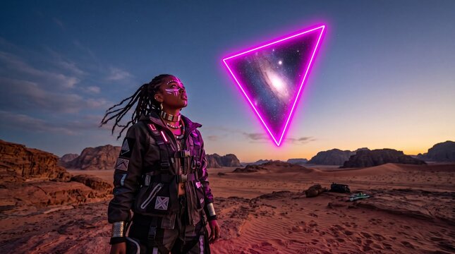 Futuristic Woman Looking at Cosmic Portal in Desert