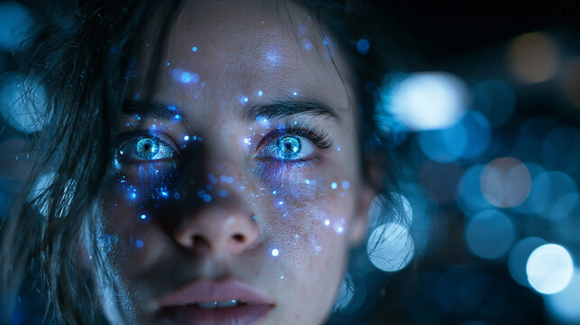 Futuristic Woman with Glowing Digital Data in Eyes