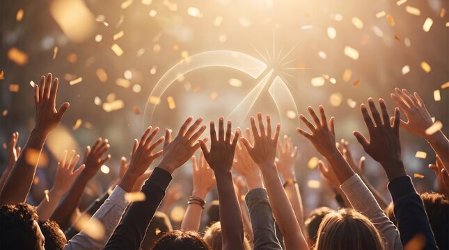 a crowd of people raising their hands in celebration with falling confetti and glowing