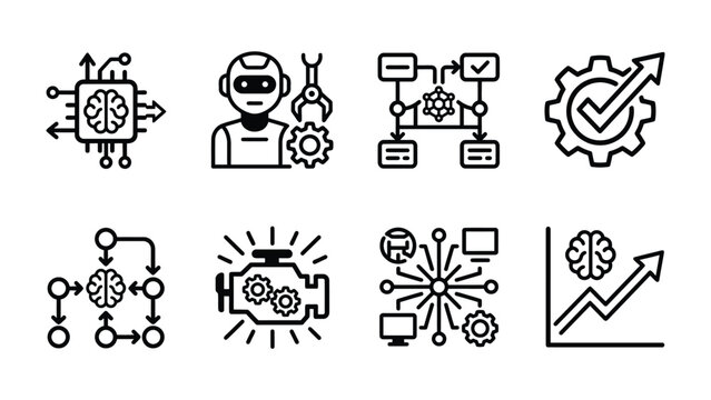 AI and Robotics Icons: A collection of minimalist line art icons representing artificial intelligence, robotics, machine learning, algorithms, and data analysis, showcasing innovation and technology.