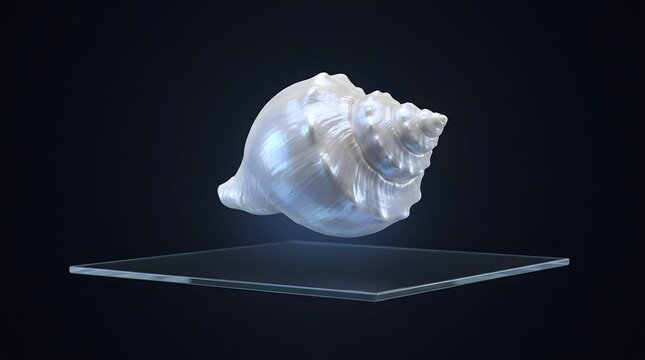 Pearlescent seashell floating above glass surface in dark studio setting conch wallpaper backgrond