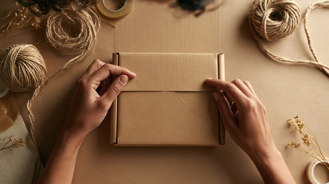 Hands Closing Cardboard Box for Eco Friendly Packaging
