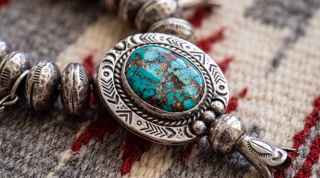 Native American Turquoise and Silver Squash Blossom Necklace Close-Up