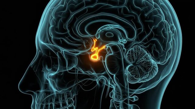 Medical animation of a human head profile with a glowing pituitary gland highlighting the endocrine system and brain activity