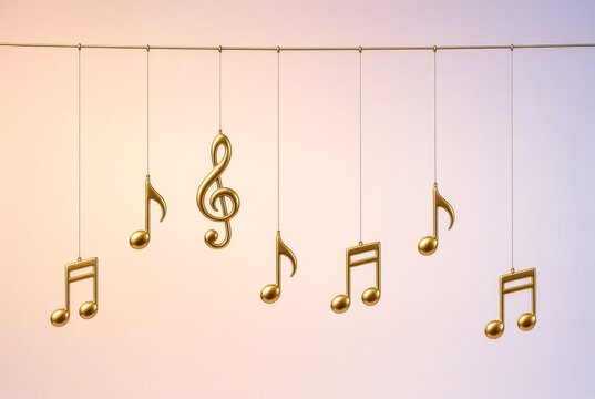 Simboli musicali dorati appesi, chiave di violino e note su sfondo sfumato pastello