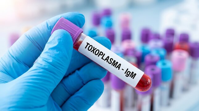 Medical laboratory professional holding a blood sample tube for Toxoplasma IgM testing.