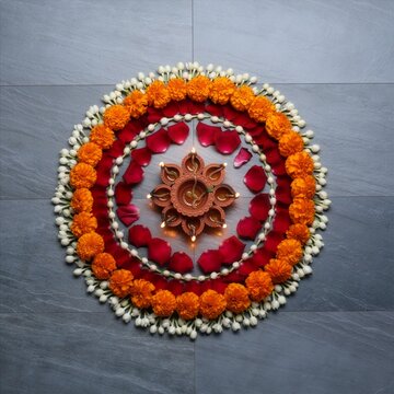 Diwali rangoli flower decoration with glowing diya lamps