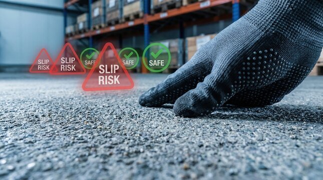 Cold chain storage logistics warehouse safety concept with gloved hand on floor showing slip risk and safe transport signs