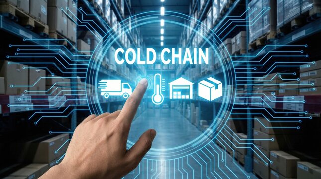 Cold chain logistics warehouse storage and refrigerated transport concept with hand pointing at digital interface in warehouse