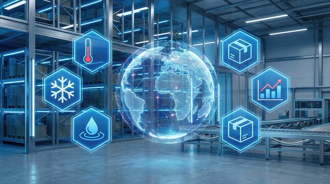 Cold chain storage logistics warehouse with refrigerated transport and digital global supply icons in large industrial space