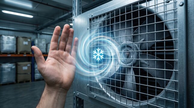 Cold storage warehouse with refrigerated transport and cold chain logistics symbolized by hand near cooling fan in industrial facility