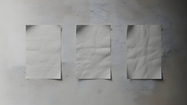 Three creased and wrinkled white paper sheets on a textured concrete wall