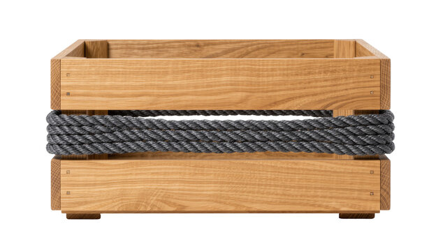 Natural wooden crate with thick grey rope detail, isolated on transparent background