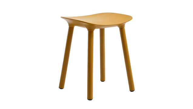 Modern yellow stool with curved seat and three tapered legs, isolated on transparent background