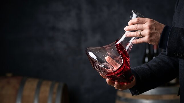 Sommelier pouring red wine from a glass decanter into a glass in a dark cellar