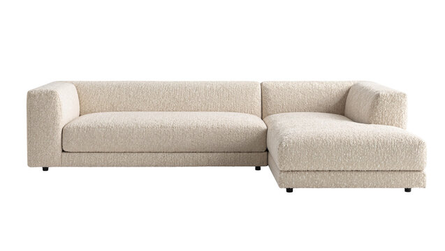 Cream boucle fabric sectional sofa with chaise lounge, isolated on transparent background