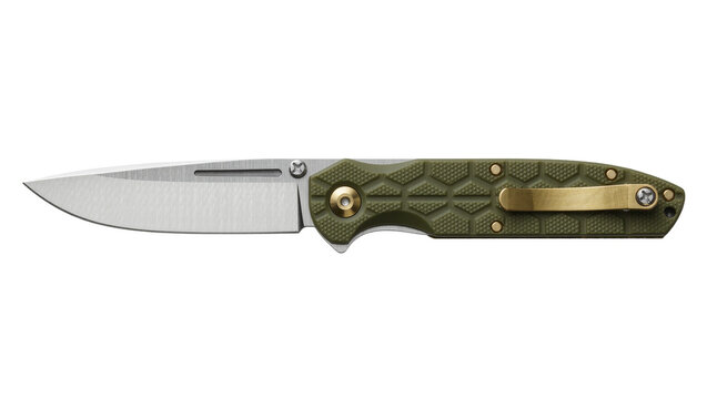 Green textured folding pocket knife with brass clip, isolated on transparent background