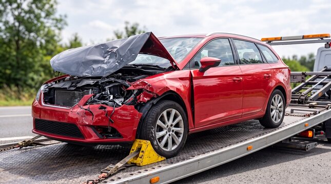 Damaged red car on flatbed tow truck with crumpled front hood and smashed bumper, representing road collision aftermath, auto insurance claim and emergency roadside assistance
