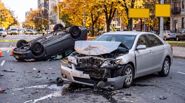 Road collision with heavily damaged silver sedan and overturned car on urban street. Smashed vehicle accident scene with shattered glass and debris for auto insurance or road safety.