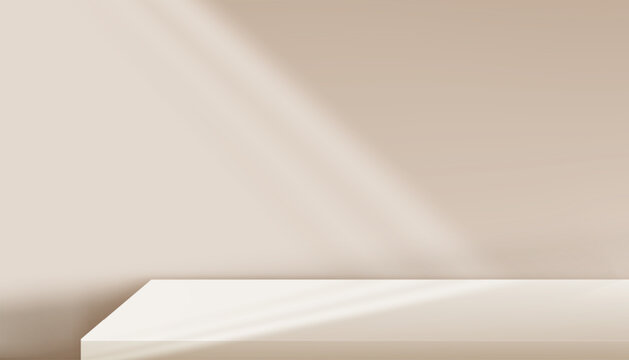Brown Studio Background WithSoft Window Light Shadow on Beige Wall, White Product Platform, Minimal Empty Interior With Copy Space For Cosmetic Display, Mockup, Vector Banner And Natural Design.