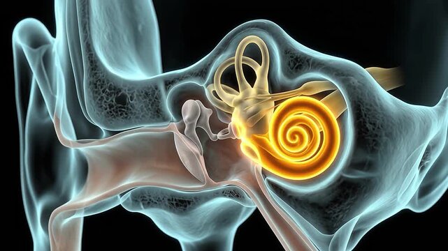 3D medical illustration of the human inner ear anatomy showing the glowing cochlea and auditory system on a dark background