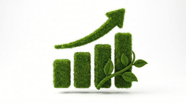 Green carbon emission chart with upward arrow and leaf growth. green renewable energy sustainability. future management responsibility, graph report statistic analysis monitoring