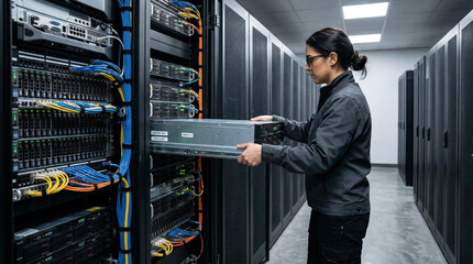 Fototapeta premium Technician Installs Server Hardware In Data Center Rack. Network Maintenance, Cloud Infrastructure, Data Storage And Enterprise Technology Concept.