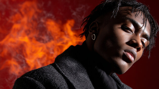 Black man framed by fire background, conveying intense dramatic emotion. Dark portrait with flame creates powerful expressive mood, capturing raw human feeling and strength