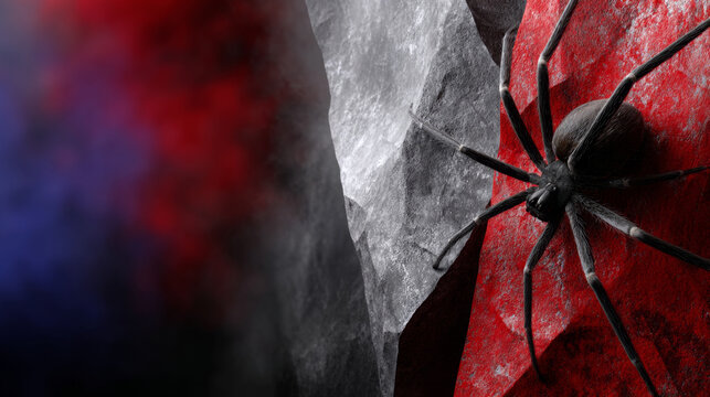 Large black spider, creepy arachnid, evokes intense fear and sense of danger, positioned against dark, textured wall with mysterious red and blue abstract light. menacing creature appears