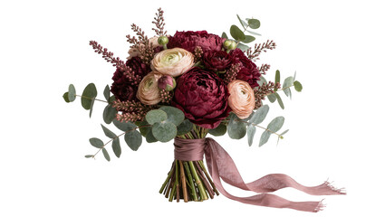 Deep red peonies and blush ranunculus bouquet with eucalyptus tied with mauve ribbon, isolated on transparent background © Giulia