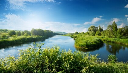 Fototapeta premium Summer River Landscape With Green Bushes On The Riversides