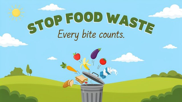 Stop food waste illustration with fruits and trash can