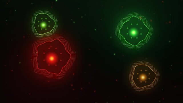A premium cinematic seamless loop showing bioluminescent microscopic cells and floating spores. Features undulating cilia and a rich crimson and forest green palette. Perfect for sci-fi VFX, medical p