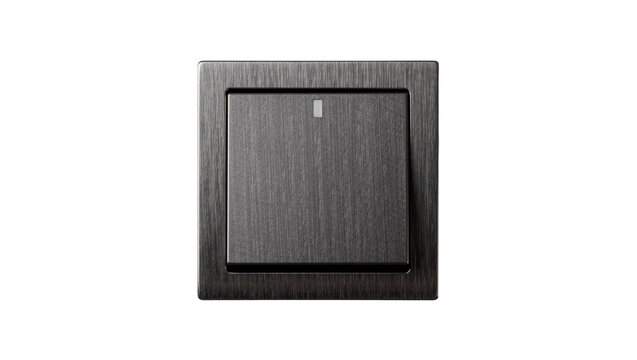Brushed dark metal light switch with small indicator light, isolated on transparent background