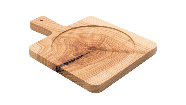 Rustic wooden cutting board with carved circular groove, isolated on transparent background