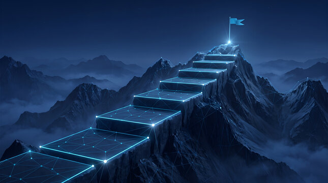 Digital glowing steps leading up a dark mountain peak to a flag representing corporate goal achievement and business strategy success