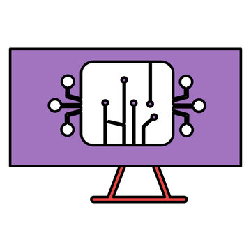 Digital computer monitor icon line with circuit board pattern for technology artificial intelligence colorful