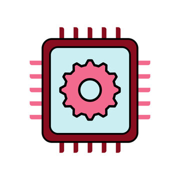 Microchip icon line with gear symbol representing hardware engineering artificial intelligence colorful