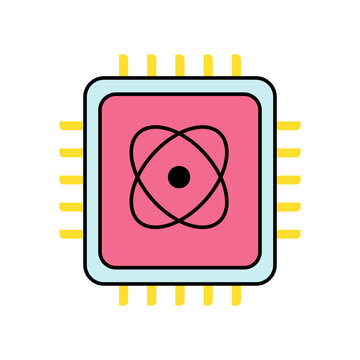 Microchip icon line with atom symbol artificial intelligence colorful
