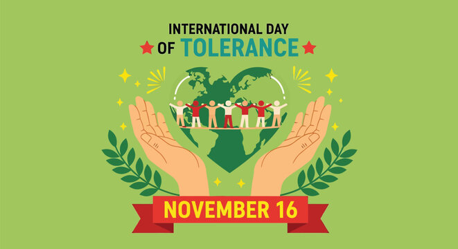 International day of tolerance vector illustration featuring hands holding a heart shaped globe and diverse people connected in unity