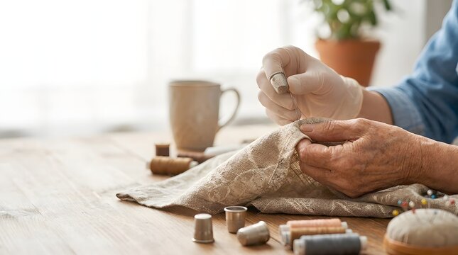 Close-up of an elderly artisan's hands hand-sewing fabric with a thimble, needle, and thread on a rustic wooden table.